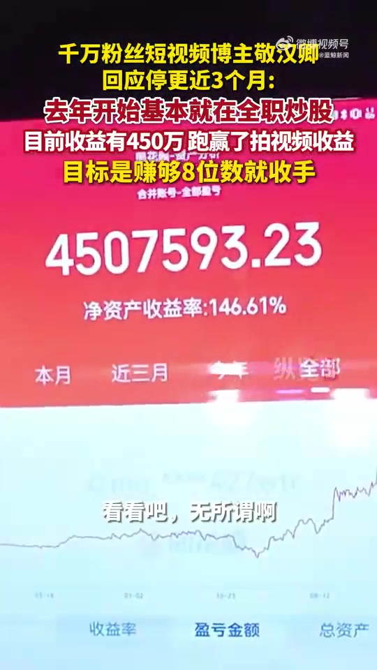 我赚够8位数就收手？网红敬汉卿回应停更：全职炒股 目前收益有450万